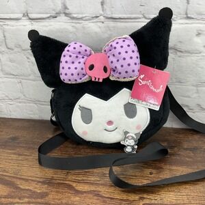 New Sanrio Kuromi face Plush Shoulder bag With Pin